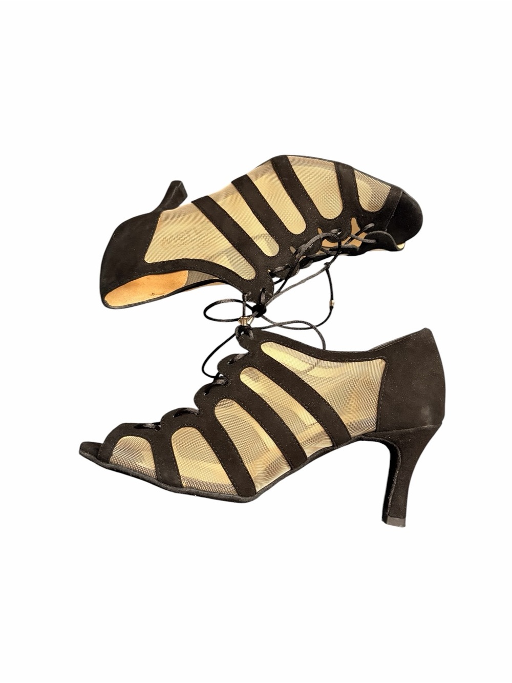 MERLET Sya Black Lace-Up Cutout Peep-Toe Ballroom Heels - Picture 5 of 11